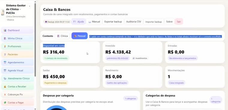 Separação entre despesas da clínica e pessoais